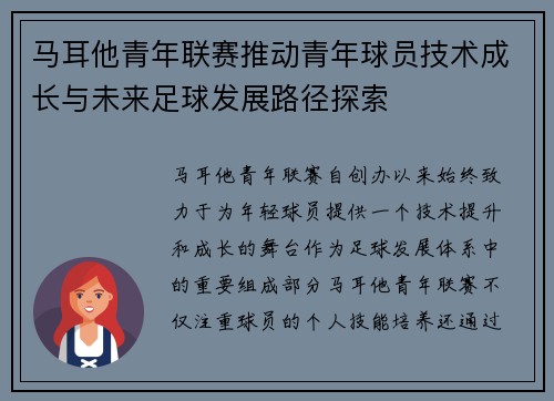 马耳他青年联赛推动青年球员技术成长与未来足球发展路径探索